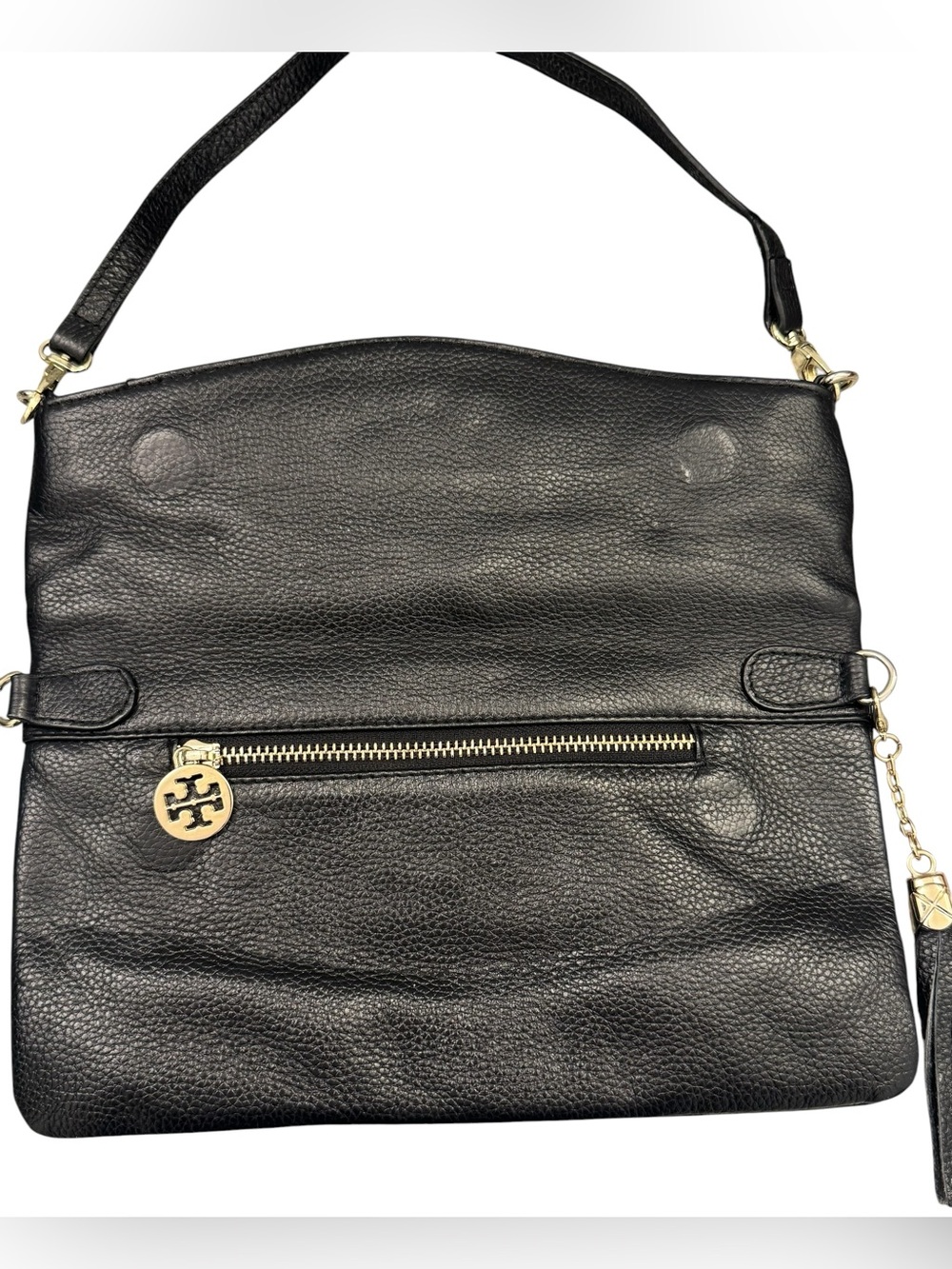 Tory Burch Black Pebbled Leather Flap Wristlet Clutch with Gold Logo - Picture 5 of 14